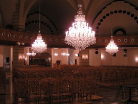 View of the hanging Theresian chandeliers in the interior of the church Tseri