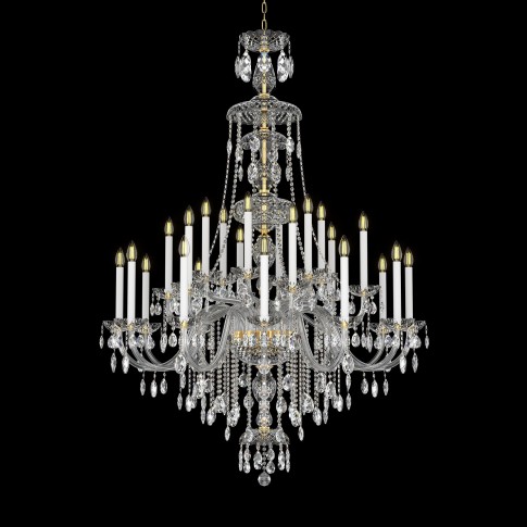 Large tall crystal chandelier with long candles in old French style