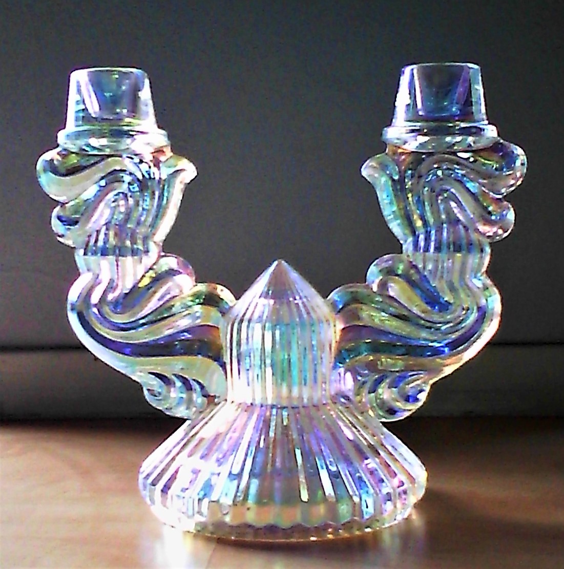 Candlestick with iridescent glass finish