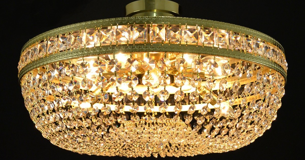 Flush Mount Basket Crystal Chandelier With Square Stones Bohemian Glass Flush Mount Basket Crystal Chandelier, Large Crystal Basket Chandelier