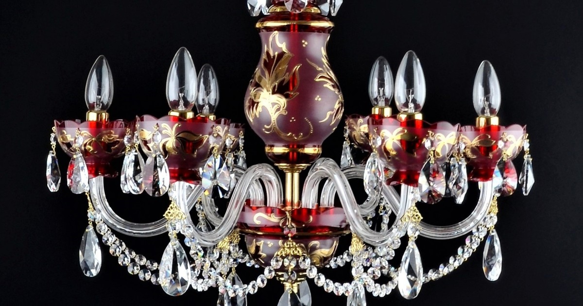 6 Arms ruby red crystal chandelier with with hand painting - Gold
