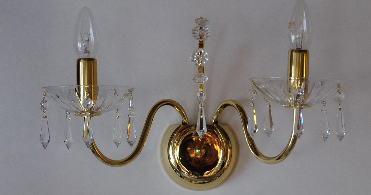 2 Arms tubular brass crystal wall light with cut crystal drops