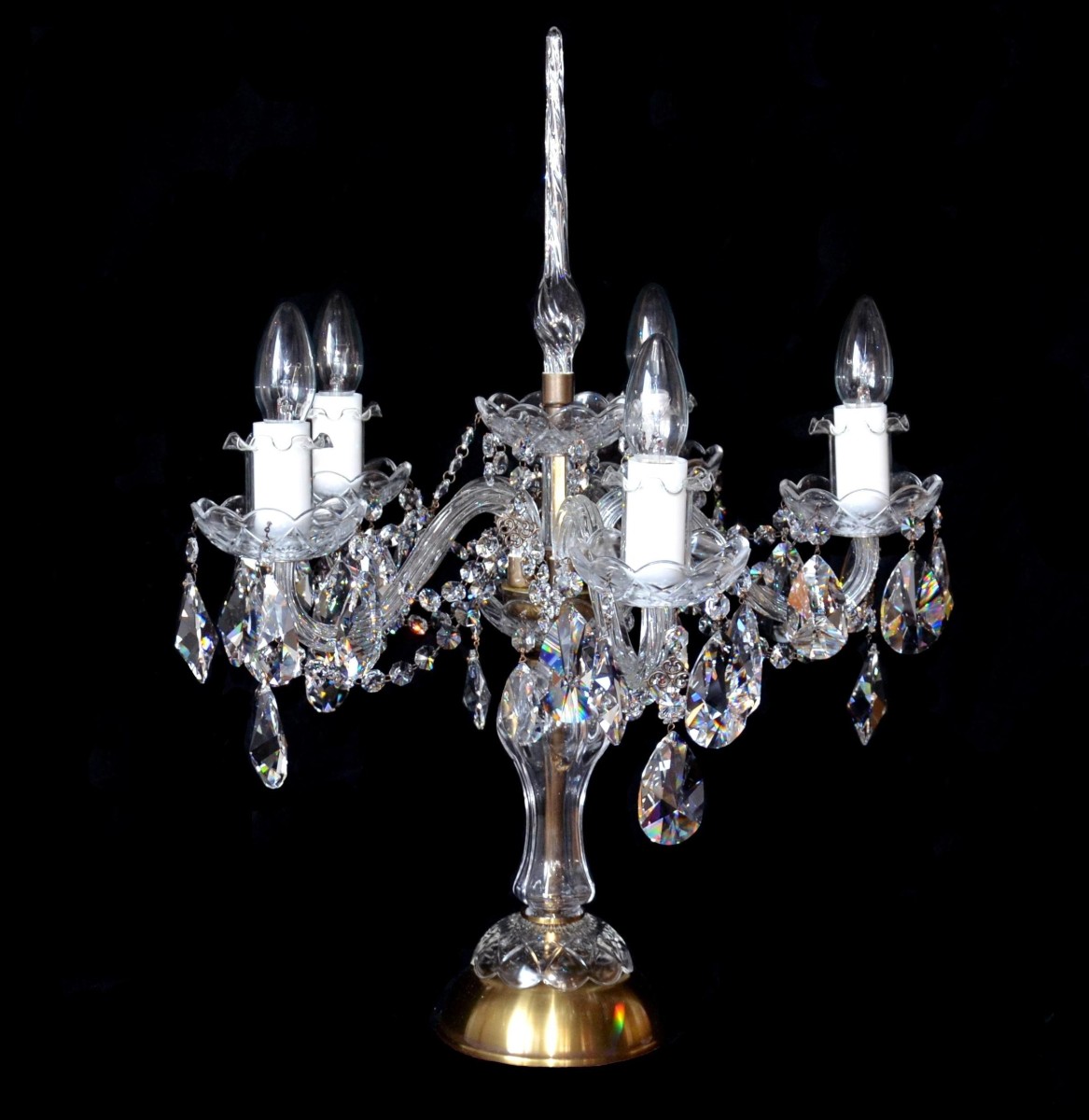 Cast brass and crystal five-armed candelabra