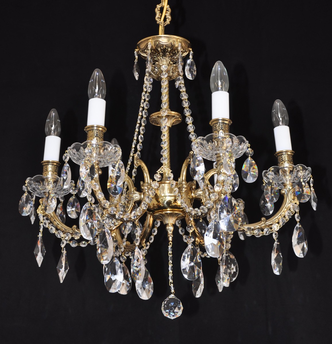 6 Arms Crystal cast brass chandelier - Gold brass & Hand blown