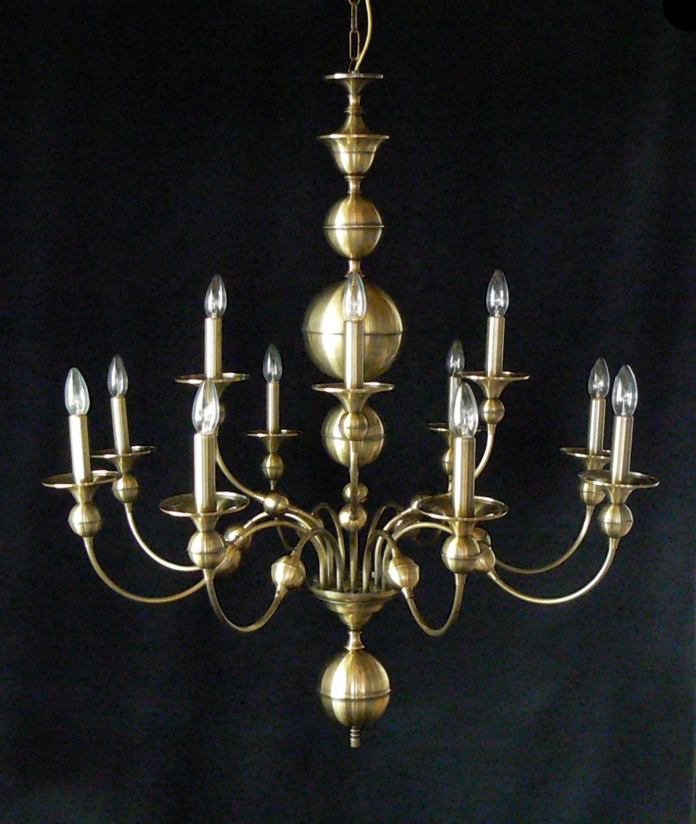 12-arm stained Dutch chandelier made of manually pressed brass parts ANTIK