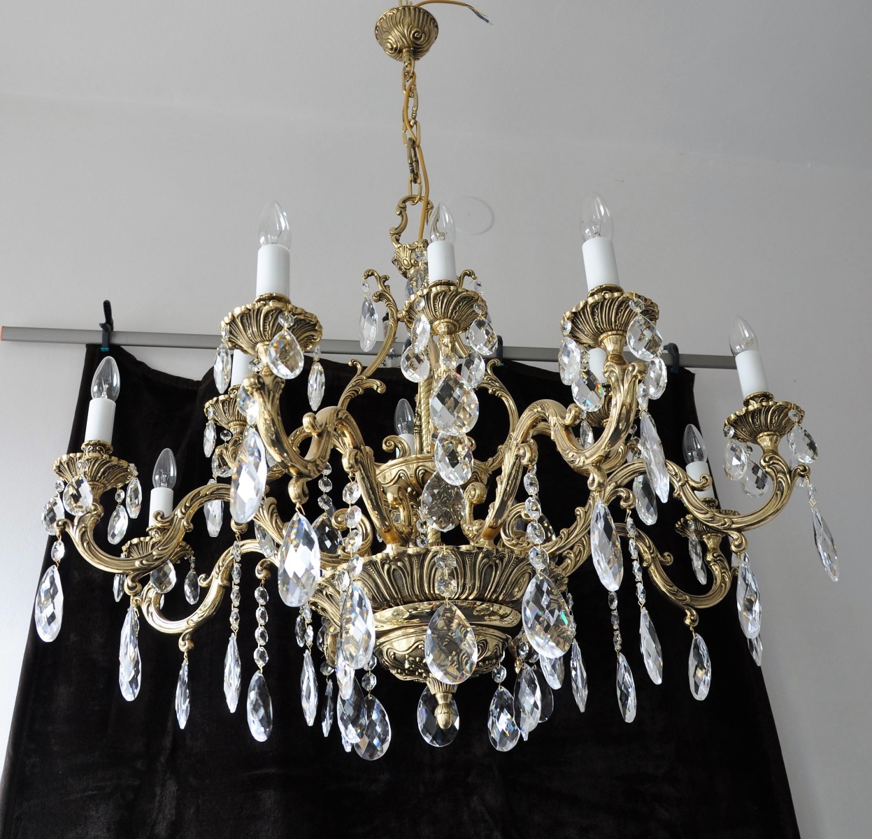 Large 12-Arm Tole and Wood Chandelier