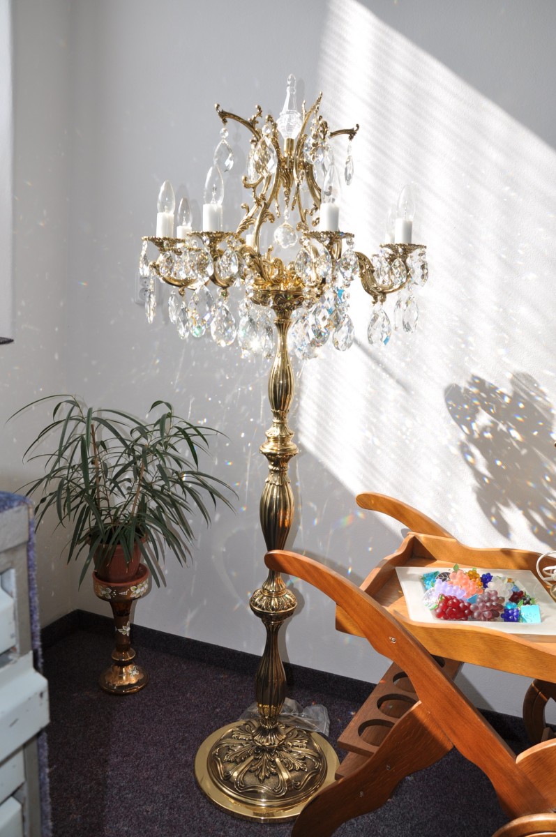 8 Arms Cast brass crystal floor lamp with crystal spike & crystal almonds