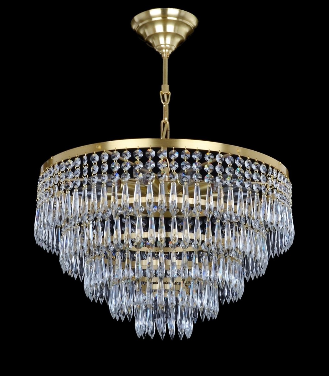 10-bulb drum brass chandelier with long crystal U-drop prisms