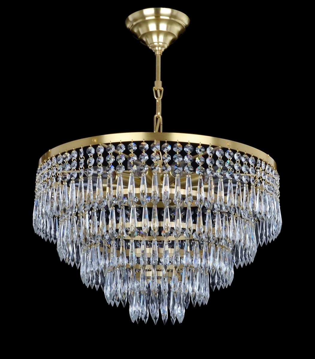 10-bulb drum brass chandelier with long crystal U-drop prisms - matt brass  A