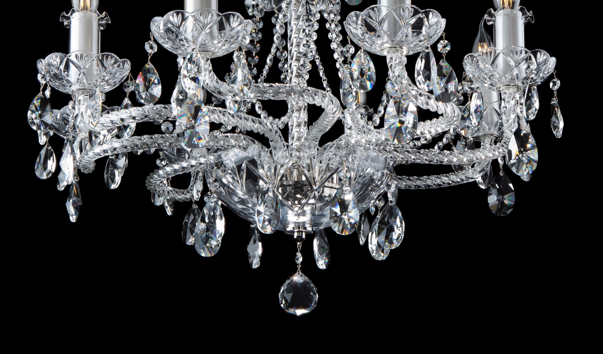 8-arm silver crystal chandelier with twisted glass arms clockwise