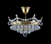 Smaller chandelier made of crystal balls and golden brass with 2 bulbs