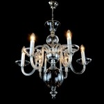 A full view of the clear blown glass chandelier when lit