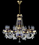 General view of a gilded blue glass chandelier with 10 bulbs