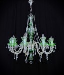 General view of a designer chandelier made of green glass