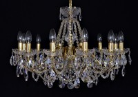 Det1 - The 12 Arms gold brass crystal chandelier with cut crystal almond. Polished brass.