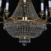 Gold crystal basket chandeliers with decorative arms made of massive cast brass