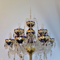 Dark Blue 9-arm crystal floor lamp with with glass flowers on the golden 24K background