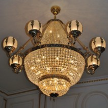 8-arm large residential strass chandelier with cast brass leaves on sandblasted glass