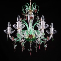 Green crystal chandelier with glass birds and flowers