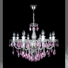 The 8-arm violet crystal chandelier with smooth glass arms & Cut violet fuchsia almonds. Silver metal finish.