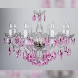 8 Arms Crystal chandelier with smooth glass arms & Cut violet fuchsia almonds