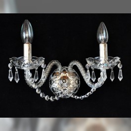 2 Arms Silver glass wall light with cut crystal drops and chains