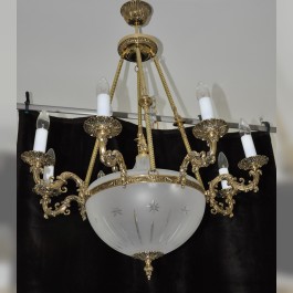 8 Arms Cast brass basket chandelier - cut sadblasted glass