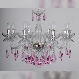 8 Arms Crystal chandelier with smooth glass arms & Cut violet fuchsia almonds