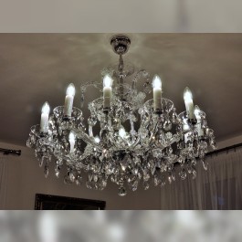 General view of a silver Theresian chandelier with an adjustment for the lower ceiling