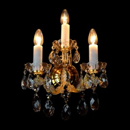 Maria Theresa wall light with three bulbs and a glass cover of a brass bowl concealing the electrical cables (Light on)