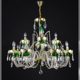 12 Arms Green enameled crystal chandelier with glass flowers on the gold base