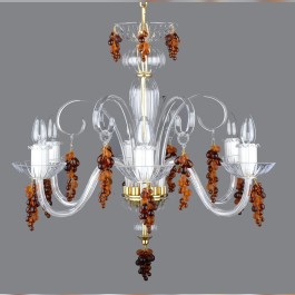 6-arm blown crystal glass chandelier decorated with clear and frosted glass grapes