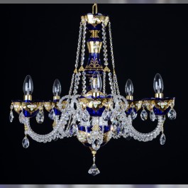 5 Arms Blue enameled crystal chandelier with glass flowers on the gold base