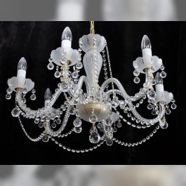 Six arm crystal chandelier with white sand blasted glass