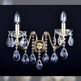 2 Arms brass crystal wall light with cut almonds and tubular arms