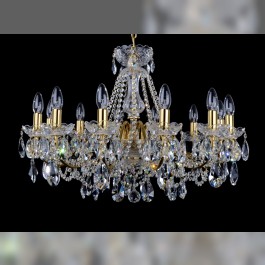 Det1 - The 12 Arms gold brass crystal chandelier with cut crystal almonds. Polished brass.