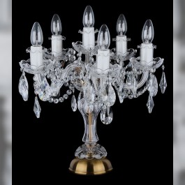 Decorative crystal table lamp with six bulbs - antique brass, crystal almonds