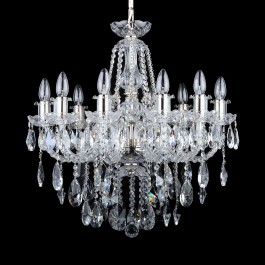 Crystal chandelier with ten glass arms and shiny silver metal for a smaller living room
