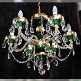 6 Arms Green enamelled crystal chandelier with glass flowers