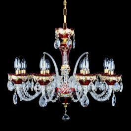 8-arm Ruby red chandelier decorated with gold and high enamel flowers