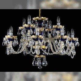 12 Arms Blue enameled crystal chandelier with glass flowers & almonds