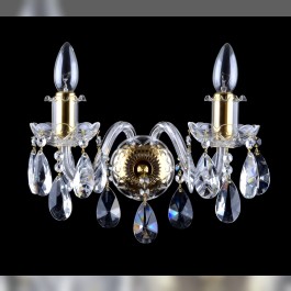 2 Arms crystal wall light with cut almonds & glossy brass tubes