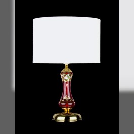 Lamp with cylindrical textile shade and ruby ​​glass base