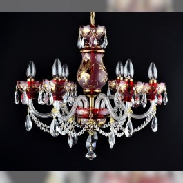 6 Arms ruby red  crystal chandelier with with hand painting -  Gold leaves