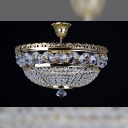 3 Bulbs Strass basket crystal chandelier with large cut octagons - Gold brass