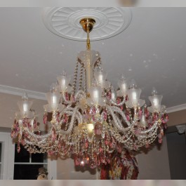 18 Arms Crystal chandelier made of sand blasted glass & cut Fuchsia almonds