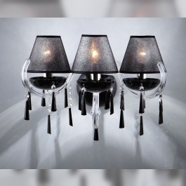 3-arm silver crystal wall light made of black glass with lampshades