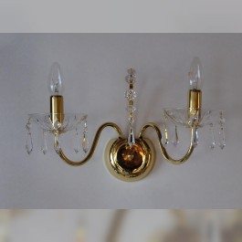 2 Arms tubular brass crystal wall light with cut crystal drops