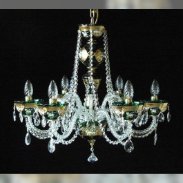 6 Arms Green enameled crystal chandelier with glass flowers on the gold base