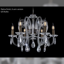 Designer ceiling lamp with 6 or 8 arms made of sandblasted glass and crystal almonds decorated with geometric cut
